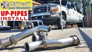 2001 F350 73  RiffRaff UpPipes Install  Stock up pipes leaking and falling apart JUNK SP [upl. by Aineles]