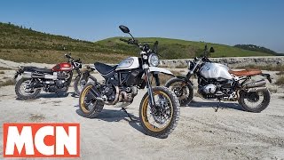 MCN Scrambler Group Test  Review  Motorcyclenewscom [upl. by Herra]